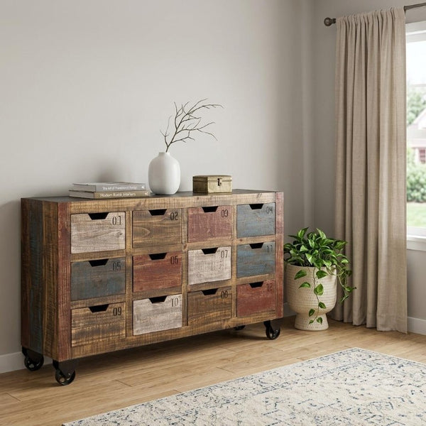 61 Inch Rustic Distressed Wood Sideboard with 12 Drawers for Stylish Dining Room Storage