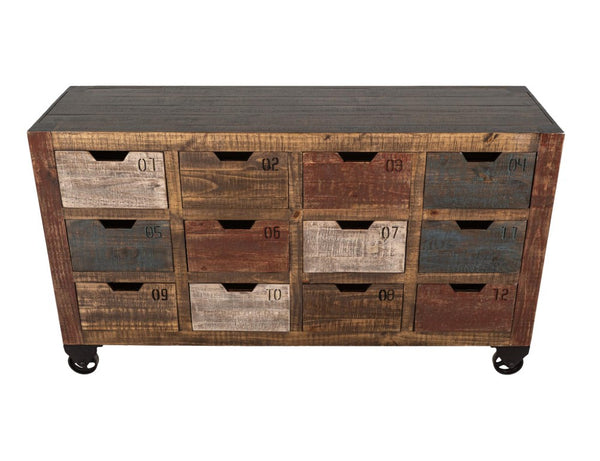 61 Inch Rustic Distressed Wood Sideboard with 12 Drawers for Stylish Dining Room Storage