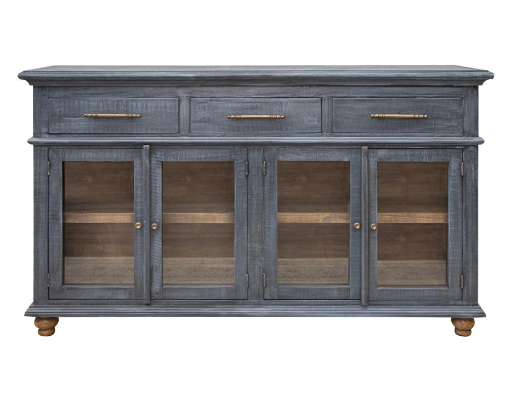 HomeRoots 71 Inch Distressed Blue Wood Sideboard with Three Drawers and Four Glass Doors 759221