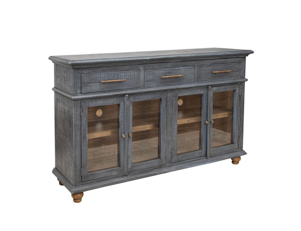 HomeRoots 71 Inch Distressed Blue Wood Sideboard with Three Drawers and Four Glass Doors 759221
