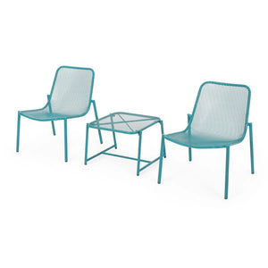 English Elm Kincaid Outdoor Iron Mesh Conversation Set Rust Resistant Patio Chairs with Side Table Teal N775P392159T