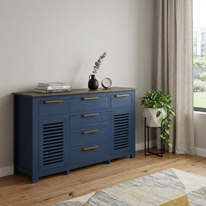 69 Inch Distressed Six Drawer Sideboard with Dual Doors Rustic Wood Dining Storage