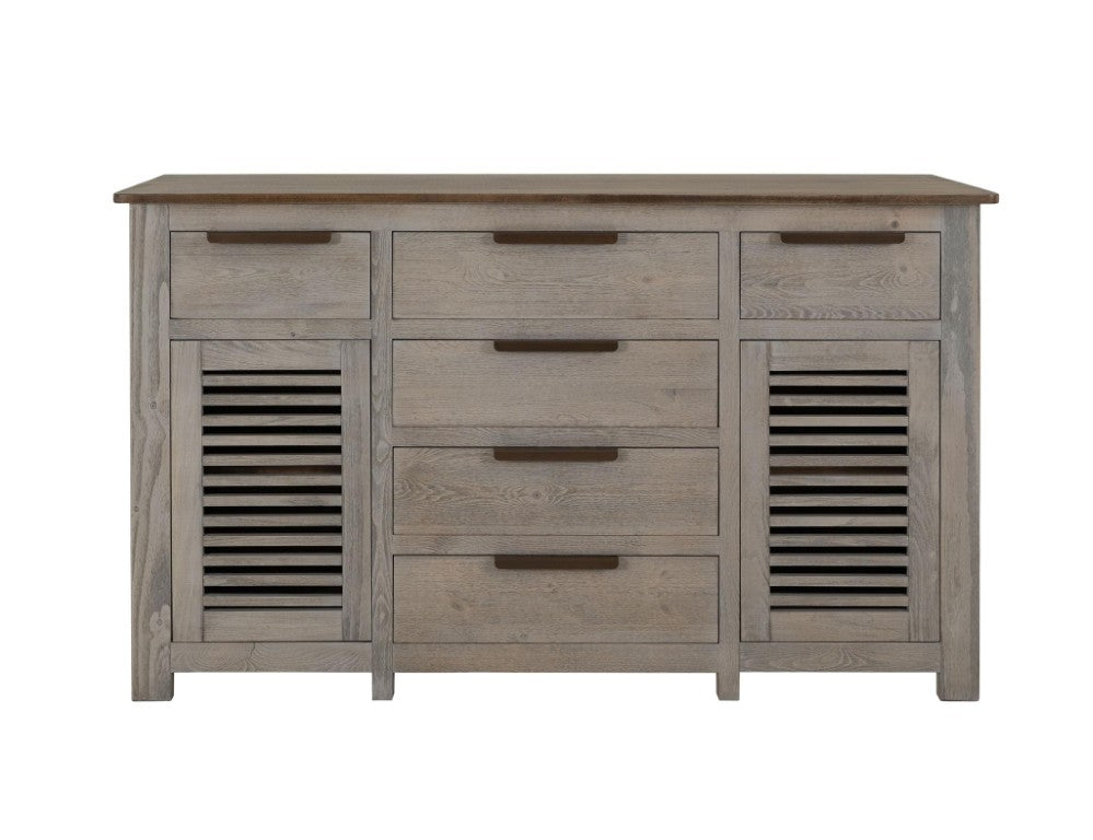 HomeRoots 69 Inch Six Drawer Credenza with Dual Doors Ivory Brown Distressed Wood Finish 759224