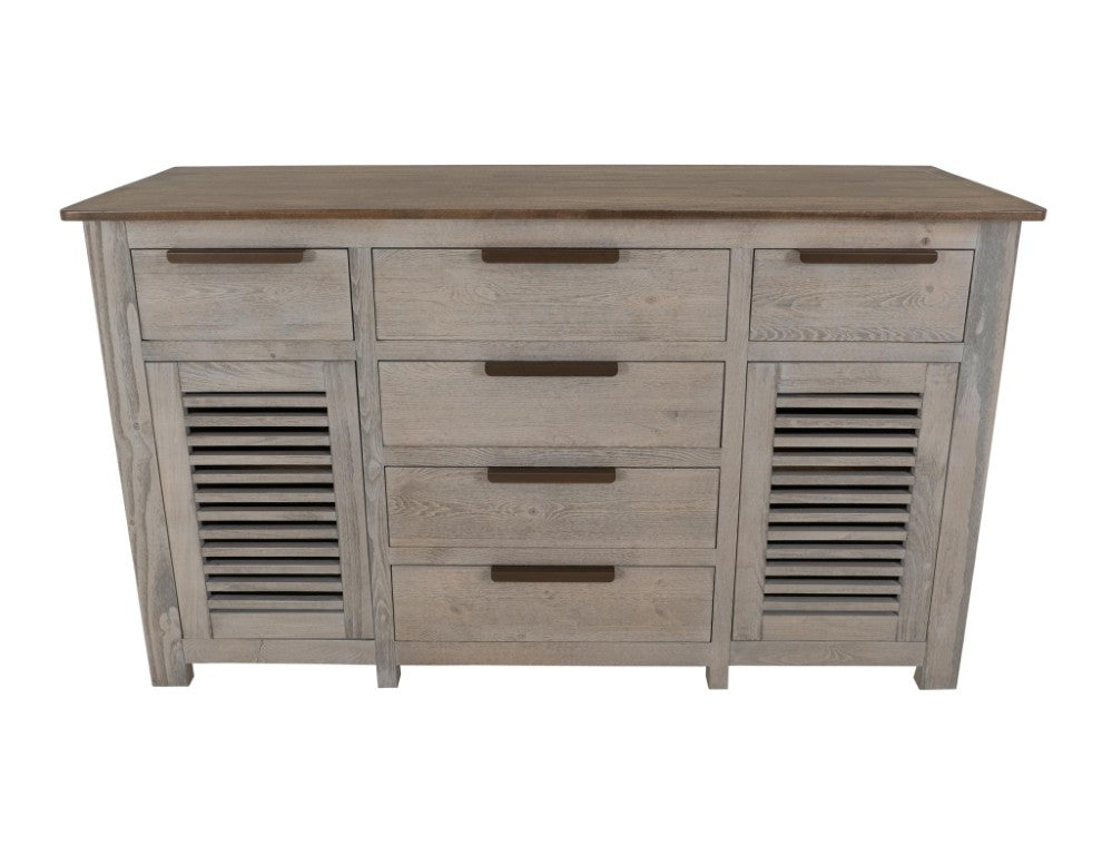 HomeRoots 69 Inch Six Drawer Credenza with Dual Doors Ivory Brown Distressed Wood Finish 759224