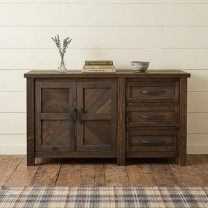 60 Inch Distressed Solid Wood Sideboard with Carved Details Three Drawers Two Doors