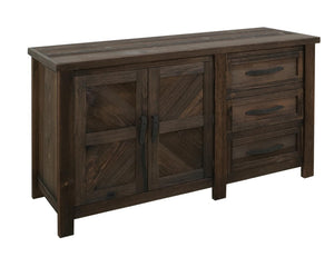 60 Inch Distressed Solid Wood Sideboard with Carved Details Three Drawers Two Doors