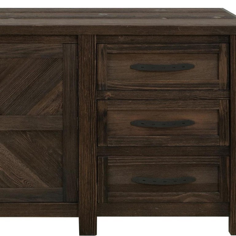 60 Inch Distressed Solid Wood Sideboard with Carved Details Three Drawers Two Doors
