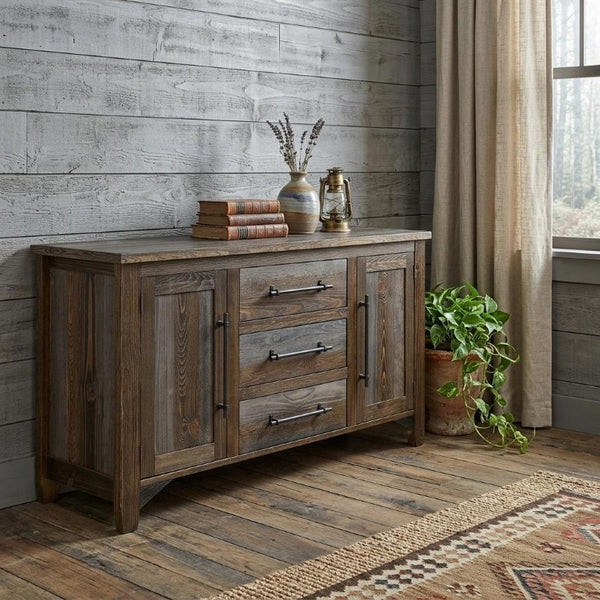 69 Inch Rustic Distressed Wood Sideboard with Three Drawers and Cabinet Storage