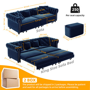 English Elm Chesterfield 3-In-1 Convertible Sofa Bed - Plush Velvet Sleeper With Ottoman & Tufted Design, Blue W1885S00175