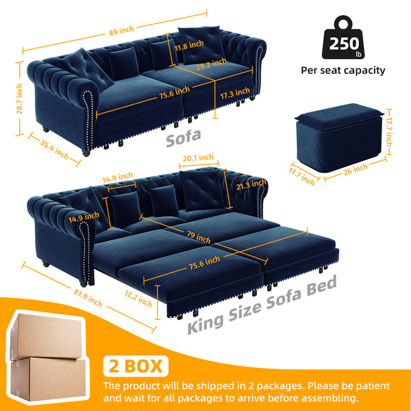 English Elm Chesterfield 3-In-1 Convertible Sofa Bed - Plush Velvet Sleeper With Ottoman & Tufted Design, Blue W1885S00175