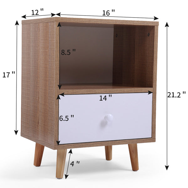 English Elm Set of 2 Mid Century Nightstands with Drawer & Shelf, Natural White Accent Tables for Bedroom Living Room W2181P357558