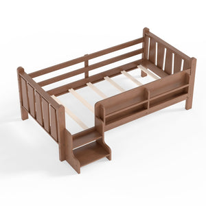 English Elm Twin Pine Floor Bed for Kids with Side Bookcases Built-in Stairs and Safety Guardrails Natural W1580P390215