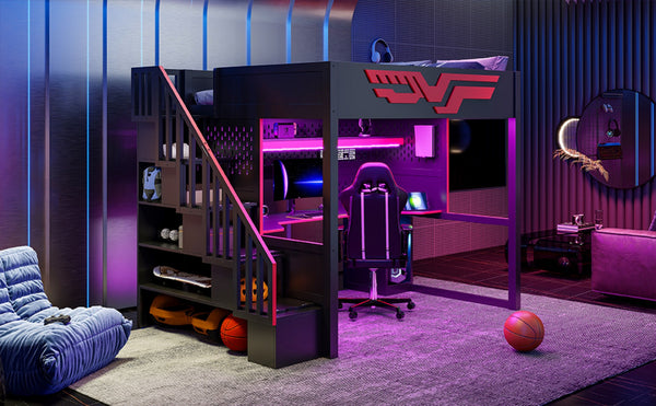 English Elm Gaming Full Loft Bed with Workstation Storage Staircase Led Lights and Usb Port N7090004031B