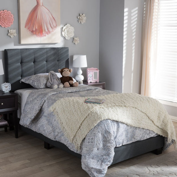 Baxton Studio Baxton Brookfield Twin Bed in Charcoal Grey - Modern Design with Tufted Headboard & Solid Wood Legs CF8747B-Charcoal-Twin