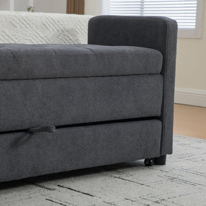 English Elm 58.27" Wide Napped Fabric Upholstered Storage Bench Rolled Armrest Caster Wheels Entryway Gray W3189P445992