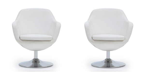 English Elm Caisson Upholstered Swivel Lounge Chair with Chrome Base, Faux Leather, Foam Padding, 360° Comfort White B365P397953