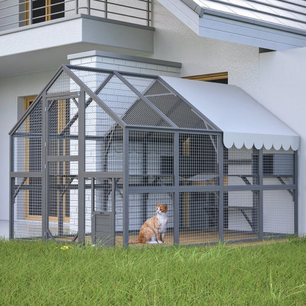 English Elm Extra Large Walk-in Outdoor Cat Enclosure with Oxford Roof Ramps and Dual Resting Huts W1422S00048