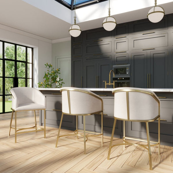English Elm 26" Glam Counter Stool White Faux Leather Barrel Back Gold Steel Frame Kitchen White Pu B2751P436480