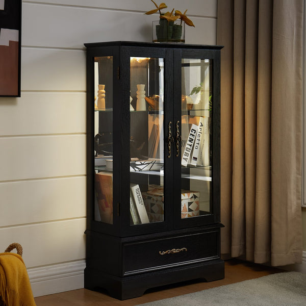 English Elm Lighted Curio Cabinet With Adjustable Shelves & Built-In Drawer - Elegant Display With Lighting, Black W1758P297549