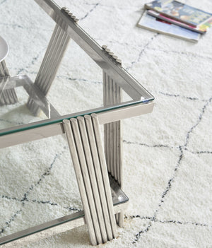English Elm 47" Wide Modern Stainless Steel Coffee Table With Clear Glass Top & Storage, Easy Assembly, Silver W2978S00003