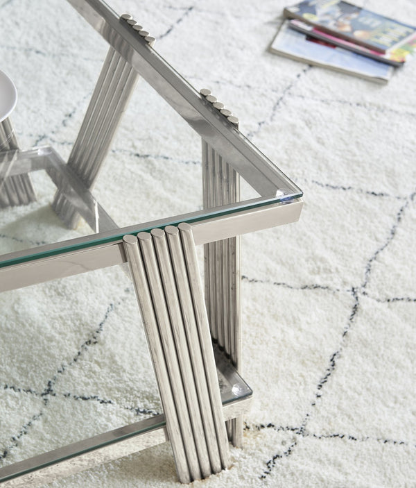 English Elm 47" Wide Modern Stainless Steel Coffee Table With Clear Glass Top & Storage, Easy Assembly, Silver W2978S00003
