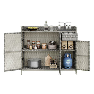 English Elm K&k Outdoor Wicker Bar Cabinet with Tempered Glass Top Adjustable Shelving and Drawer Grey N707P233745G