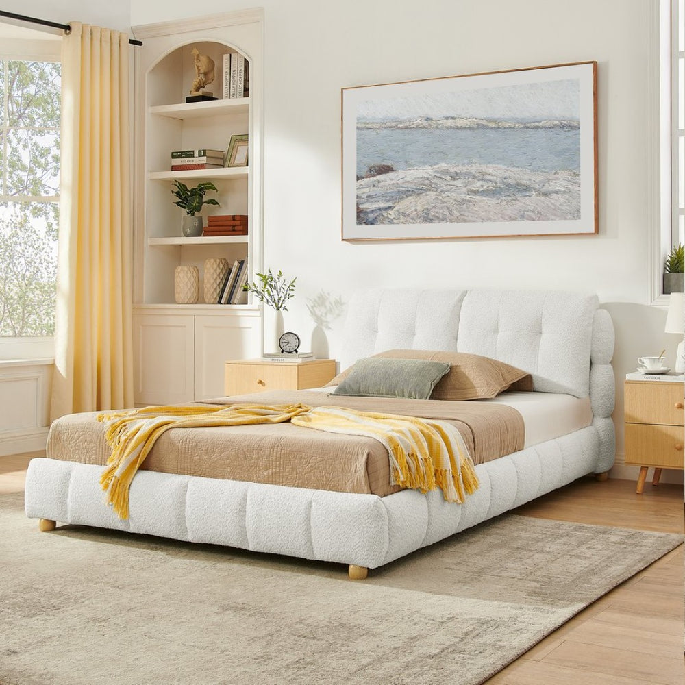English Elm Queen Bouclé Upholstered Platform Bed Tufted Cloud Headboard Low Profile Frame W1413S00183