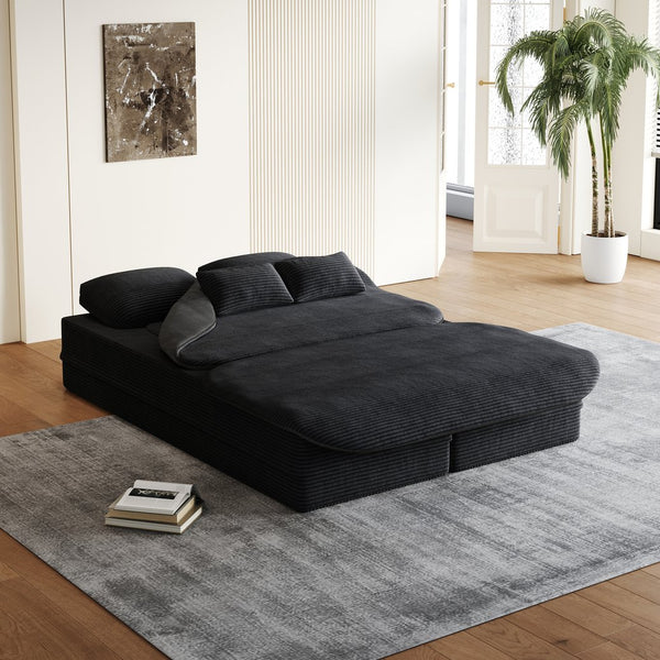 English Elm 75''2-In-1 Foldable Sofa Bed - Versatile Corduroy Lounge With Integrated Blanket & Pillows For Comfort W834P317046