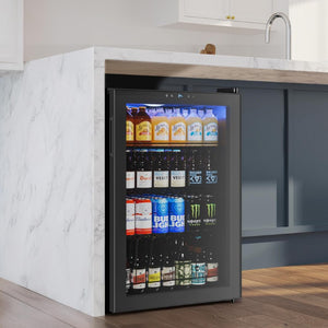 HomeRoots 33 Inch Stainless Steel Single Zone Beverage Cooler with Sleek Glass Door Design 759988