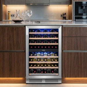 55 Inch Dual Zone Stainless Steel Wine Cooler with Glass Door for Home Bar Storage