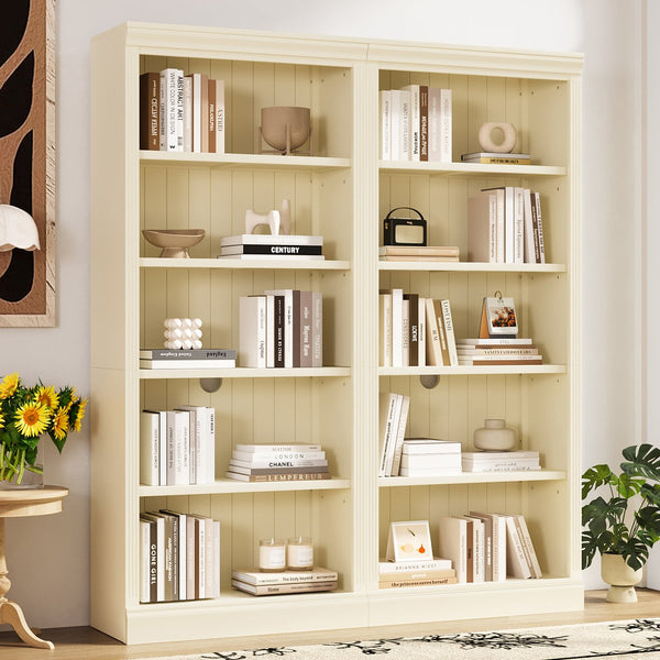 English Elm 83" 5-Tier Bookcase Suite with LED Light Strip, Adjustable Shelves, Cable Management & Solid Wood Frame Beige+yellow N751S246920A