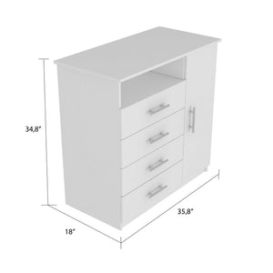 English Elm Baylon 4-Drawer 1-Shelf Dresser in White — Minimalist Concealed Drawers, Open Media Shelf, Compact Storage B062S00137