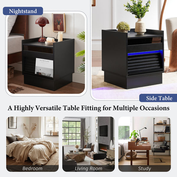 English Elm Christopher Knight Home® - Mid Mid Century Modern Nightstand with USB Charging Station, LED App-Control Lights, 2 Drawers, Sleek Design Black 22.24 L x 18.7 W x 7.09 H N761P255453B