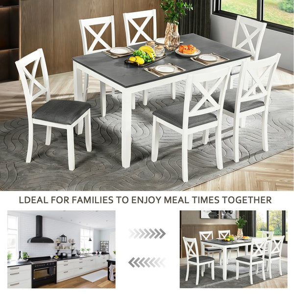 English Elm 6 Piece Rubberwood Dining Set with Bench and Linen Chairs for Transitional Kitchen W1998S00096