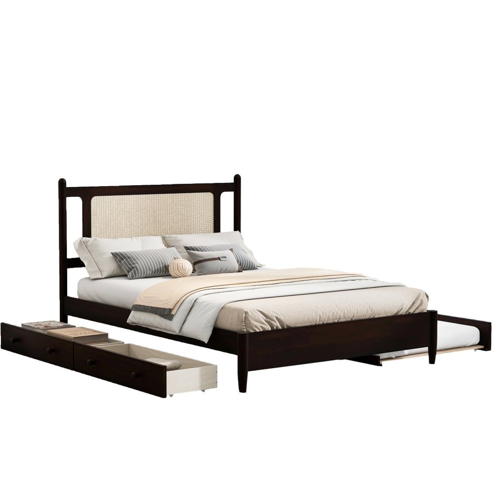 English Elm Queen Size Wooden Rattan Platform Bed With Spacious Storage Drawers & Twin Trundle In Espresso Finish N820S00002P-GIGA