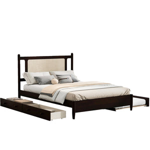 English Elm Queen Size Wooden Rattan Platform Bed With Spacious Storage Drawers & Twin Trundle In Espresso Finish N820S00002P-GIGA