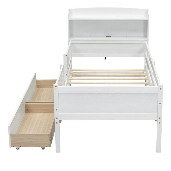 English Elm Wood Twin Size Platform Bed with Built-in LED Light, Multifunctional Headboard, Guardrail & Storage Drawers White N709P243969K