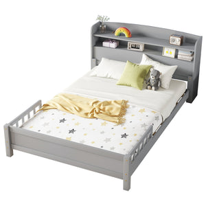 English Elm Full Pine Wood Bed with Bookcase Headboard and LED Motion Sensor Light, Guardrails & Storage Space Grey W504P277598