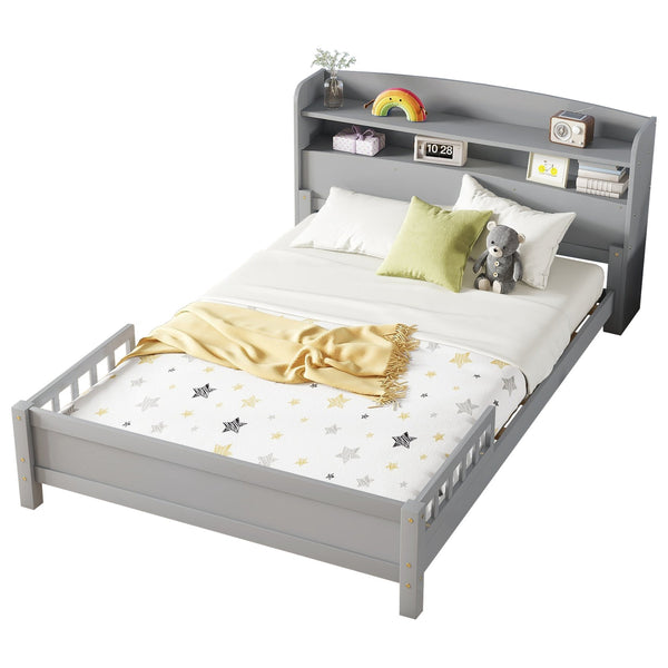 English Elm Full Pine Wood Bed with Bookcase Headboard and LED Motion Sensor Light, Guardrails & Storage Space Grey W504P277598