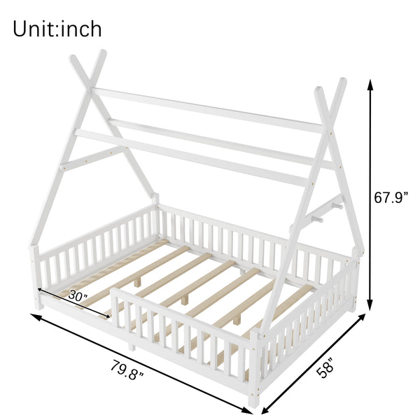 English Elm Full House Kids House Bed with Roof & Fence, Low Floor Solid Pine Frame, Stylish Nightlight Ready White 80.91 L x 15.55 W x 6.5 H W2593P296919
