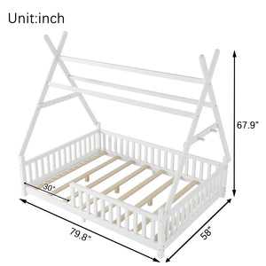 English Elm Twin Montessori Floor Bed House Frame with Led Lighting and Safety Rails for Kids White W2593P440589