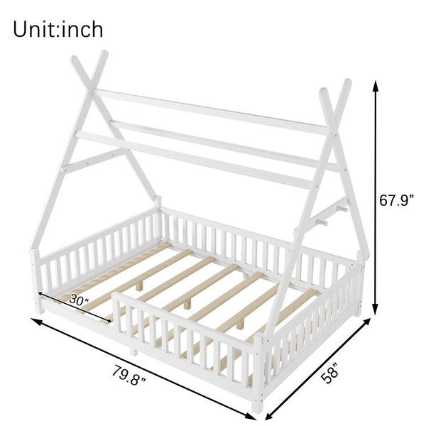 English Elm Twin Montessori Floor Bed House Frame with Led Lighting and Safety Rails for Kids White W2593P440589