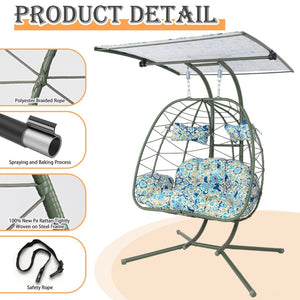 English Elm 2-person Wicker Egg Swing Chair with Canopy Stand Outdoor Patio Boho Hammock Seat T5880P502251
