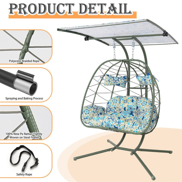 English Elm 2-person Wicker Egg Swing Chair with Canopy Stand Outdoor Patio Boho Hammock Seat T5880P502251