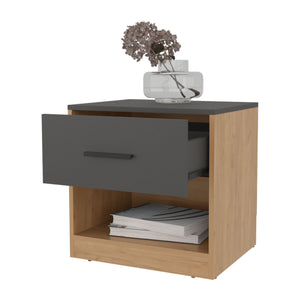 English Elm Solomon modern nightstand in natural oak & matt grey with drawer and open shelf for tidy bedside storage B128P263724