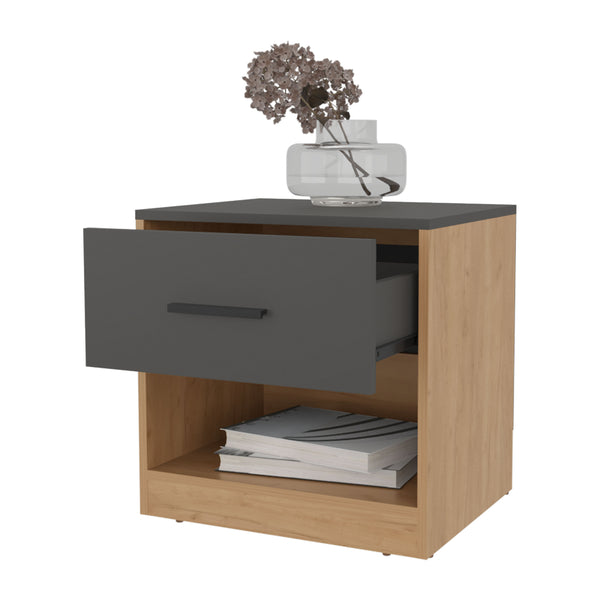 English Elm Solomon modern nightstand in natural oak & matt grey with drawer and open shelf for tidy bedside storage B128P263724