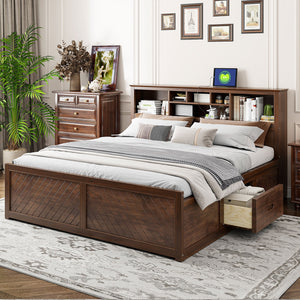 English Elm King Platform Bed with Multi-Storage Headboard, Built-In USB & Outlets, Side Drawers, Modern Design Wood GX000400AAD