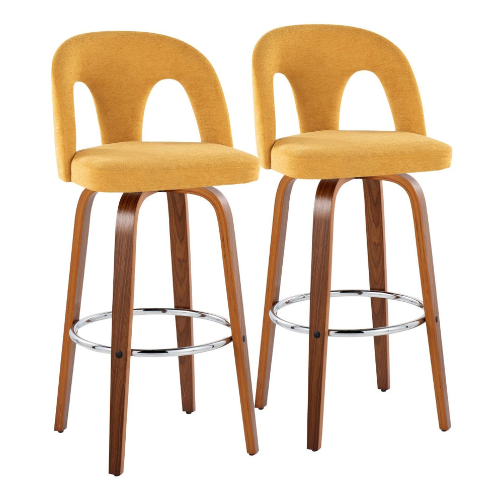 English Elm Fixed-height Swivel Barstools Walnut Bentwood Legs Chrome Footrest Yellow Seat Set of 2 B202S01881