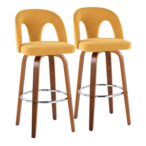 English Elm Fixed-height Swivel Barstools Walnut Bentwood Legs Chrome Footrest Yellow Seat Set of 2 B202S01881