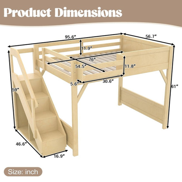 English Elm Twin Low Loft Bed Solid Pine Frame Kids Study Desk Blackboard Storage White Natural W1580S00549